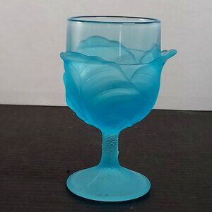 Vintage LG Wright Blue Satin Glass Cabbage Leaf Goblet 6.25” | 10oz